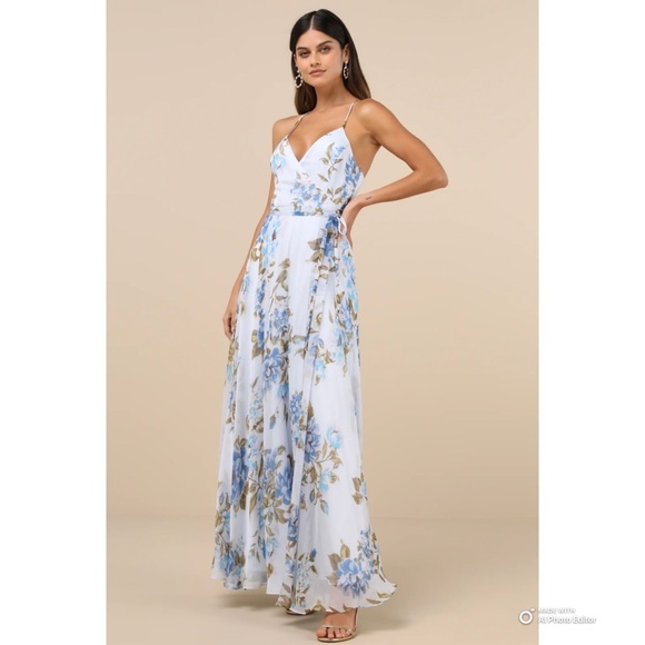NEW Lulu's White Maxi Dress with Blue Floral Print - Picture 6 of 16